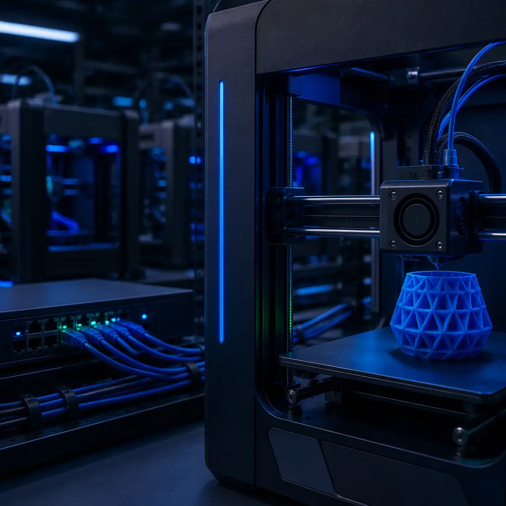 3D printer in a print farm beside a network router with ethernet cables, secure networked printing environment