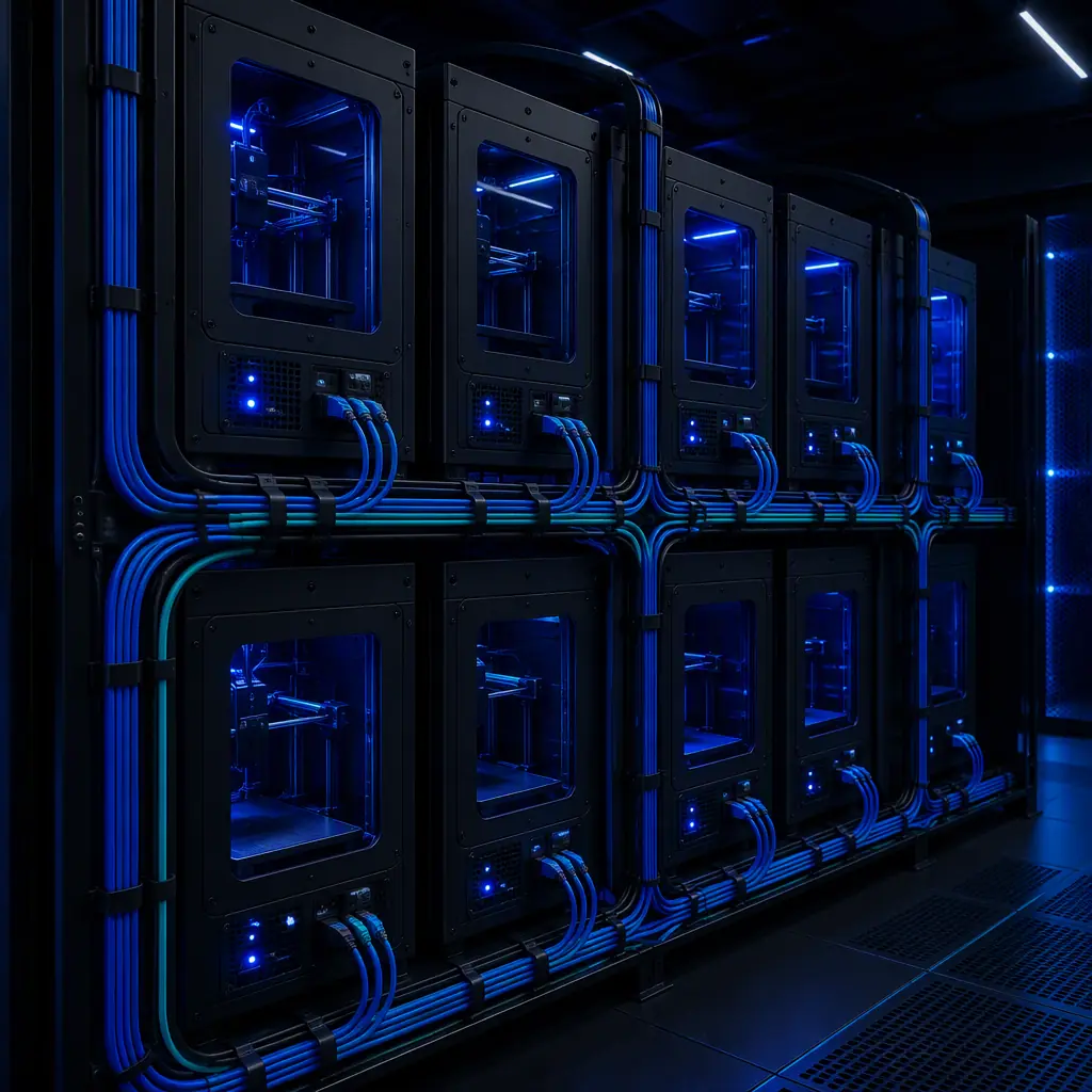 Behind view of a rack of enclosed 3D printers with neatly managed network cabling in a dark server room