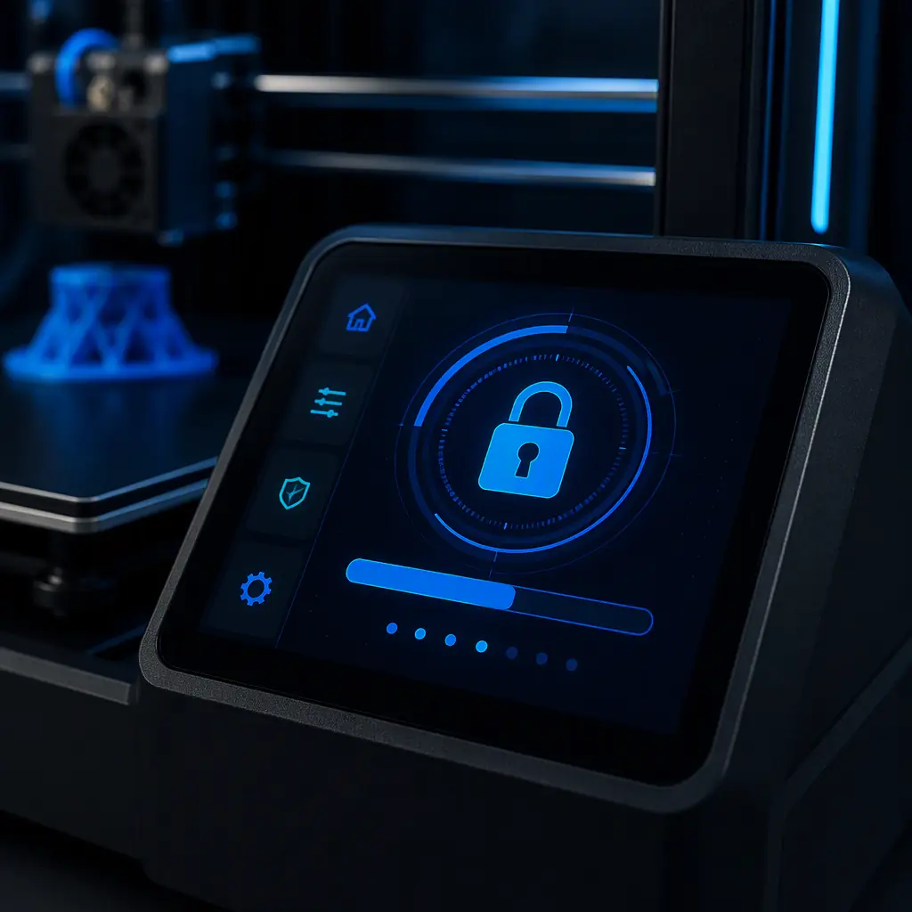 Macro close-up of a 3D printer touchscreen with a padlock symbol and firmware update indicator