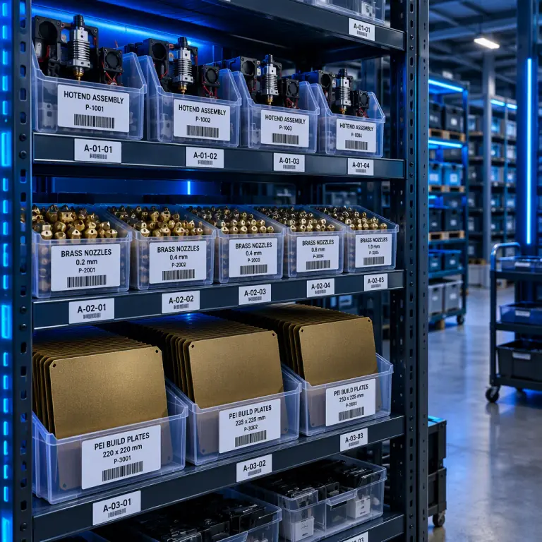 Photograph of a spare parts warehouse shelf for 3D printer components with labelled bins holding hotends, nozzles and build plates, barcode labels on each bin and a handheld scanner on the shelf edge