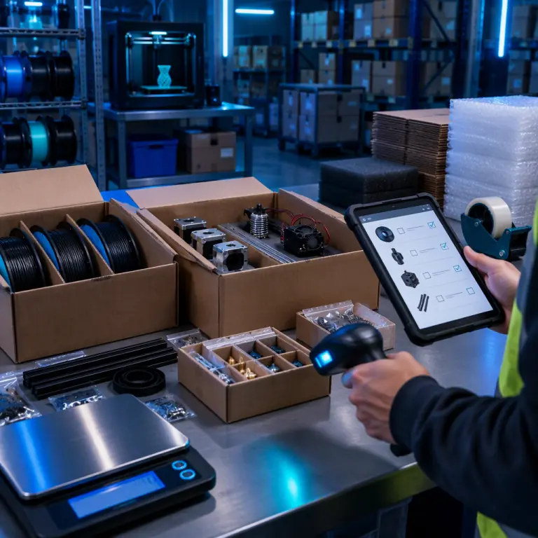 Photograph of a warehouse receiving station with 3D printer spare parts being checked against a purchase order on a tablet, open cartons of hotends and a barcode scanner on the bench
