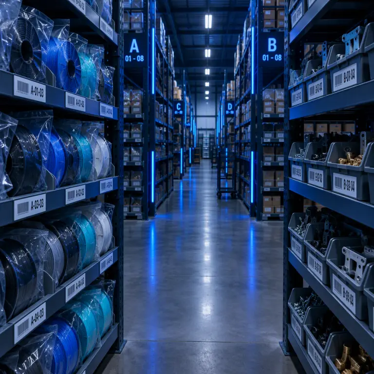 Photograph of warehouse shelving with 3D printer filament spools and spare part bins, each bin labelled with a barcode and a bin location code, aisle signage visible in the background