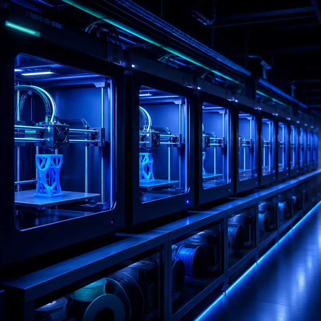 Long row of identical 3D printers running in a managed print farm, chambers lit in navy and blue