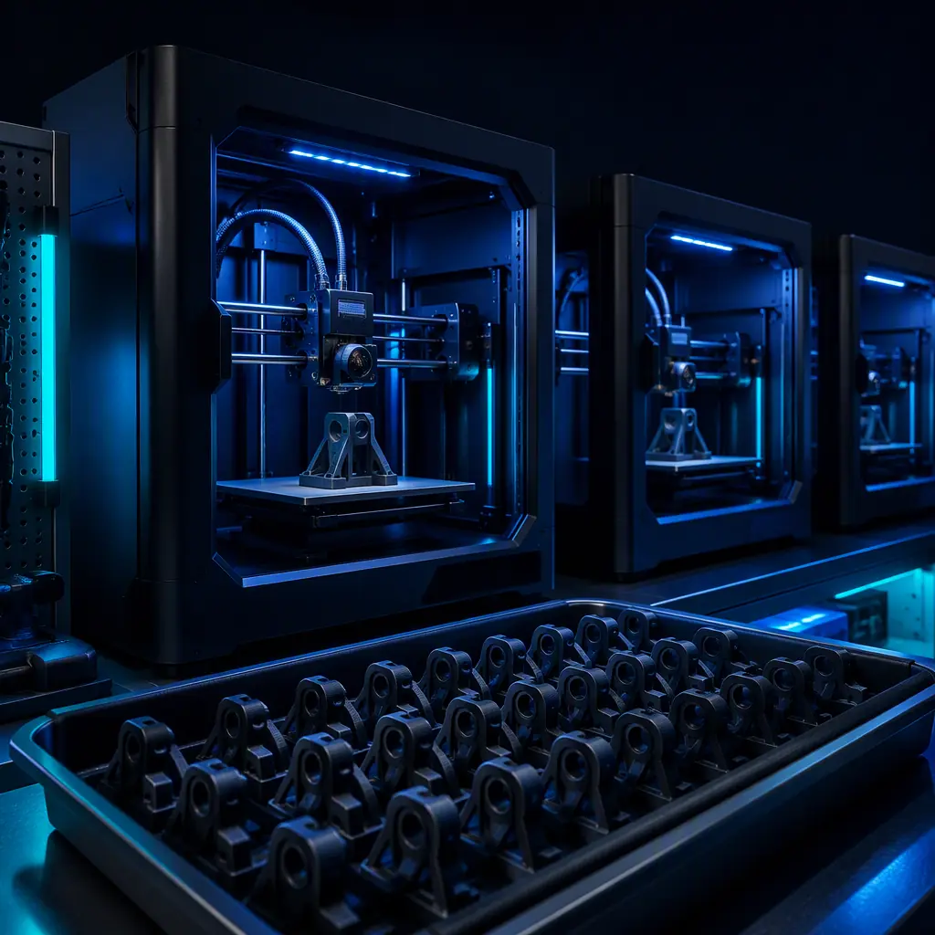 Several 3D printers printing identical parts in a managed print service with a tray of finished parts