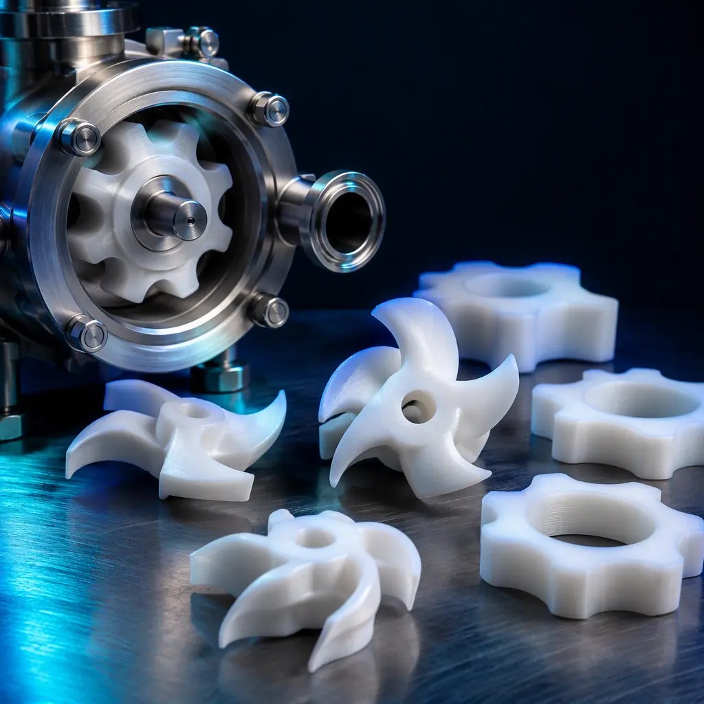 Macro close-up of 3D printed dairy pump impellers and star wheel guides in food-grade PP on a stainless steel workbench next to a sanitary pump housing, photorealistic, no people, no text, no logos