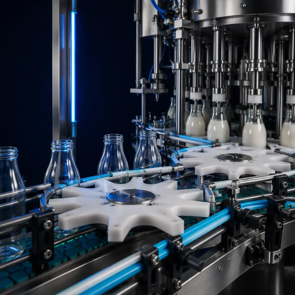 3D printed star wheels and bottle guide rails installed on a dairy filler line, glass bottles on the conveyor, stainless steel machinery, photorealistic, no people, no text, no logos