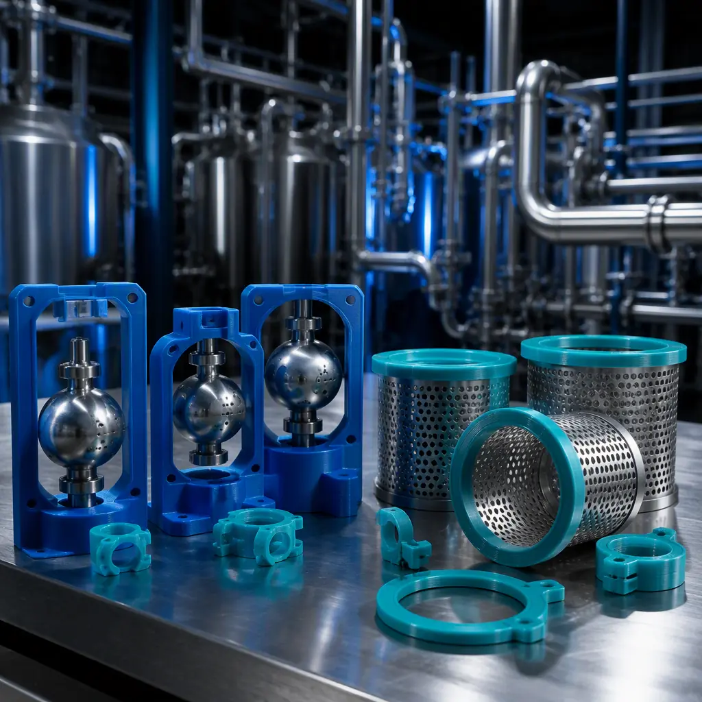 3D printed CIP spray ball holders and strainer baskets on a maintenance bench in a dairy plant, stainless steel piping and tanks in background, photorealistic, no people, no text, no logos