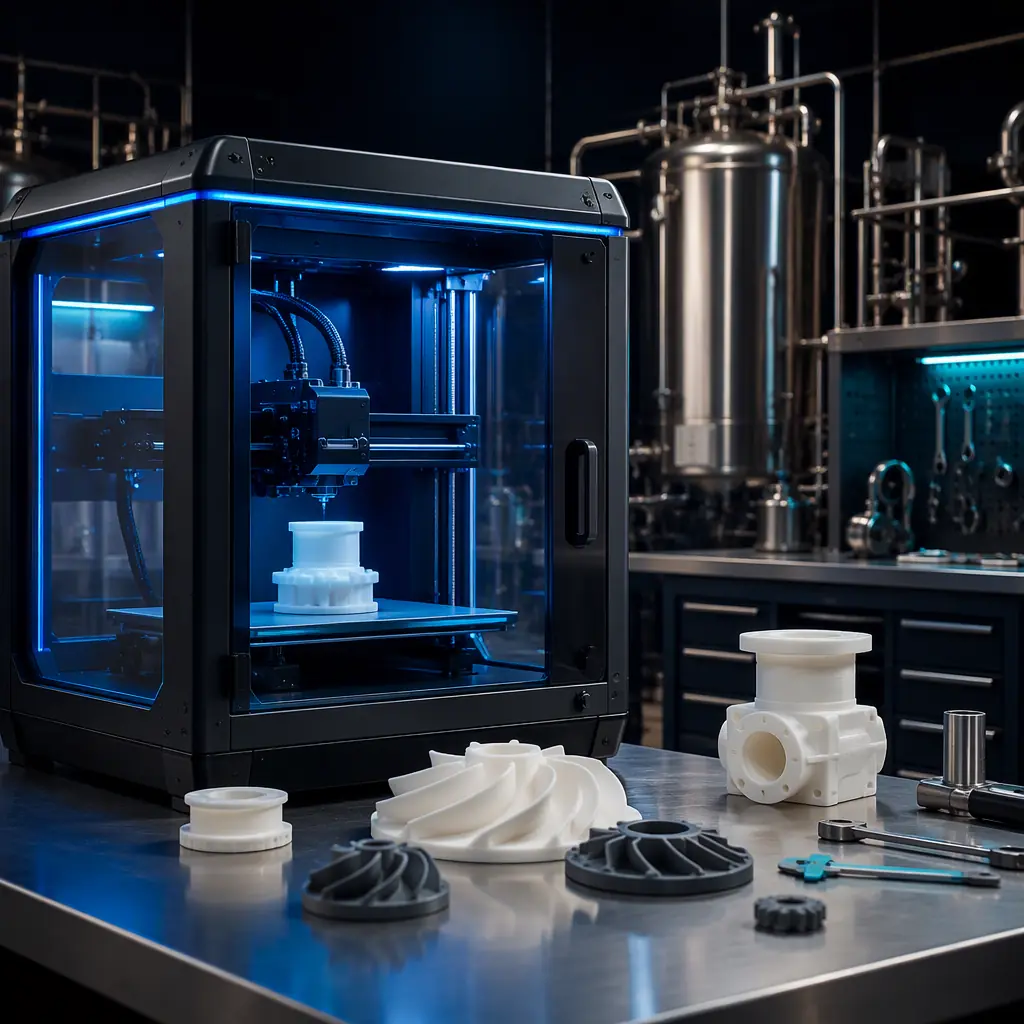 Enclosed 3D printer running in a dairy plant maintenance shop, printed PP spares on the workbench, stainless steel process equipment in background, photorealistic, no people, no text, no logos