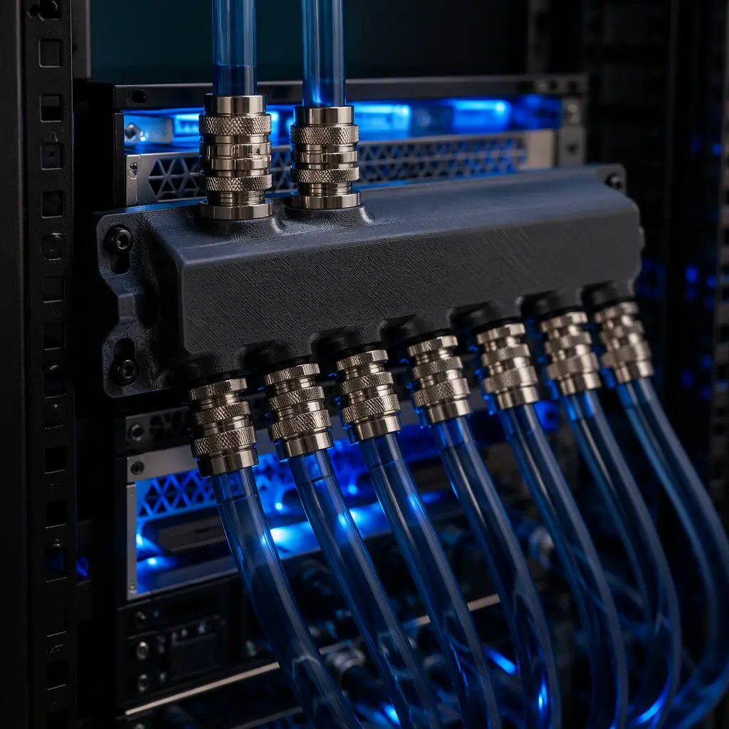 3D printed PA12 liquid cooling manifold with quick-connect fittings on a data center rack, coolant tubing routed to GPU servers, blue LED server lighting