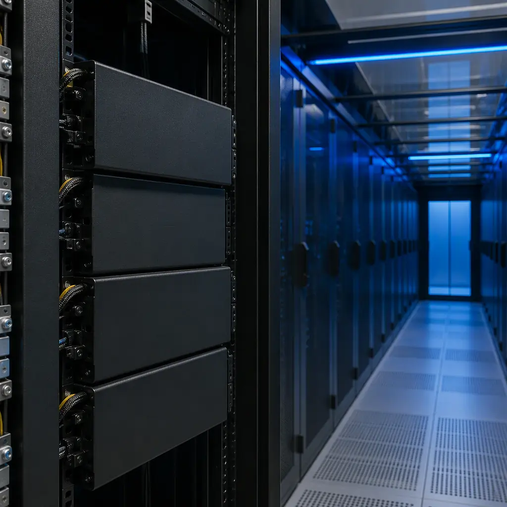 Stack of 3D printed flame-retardant blanking panels installed in a server rack, cold aisle containment in the background, data center with blue LED lighting