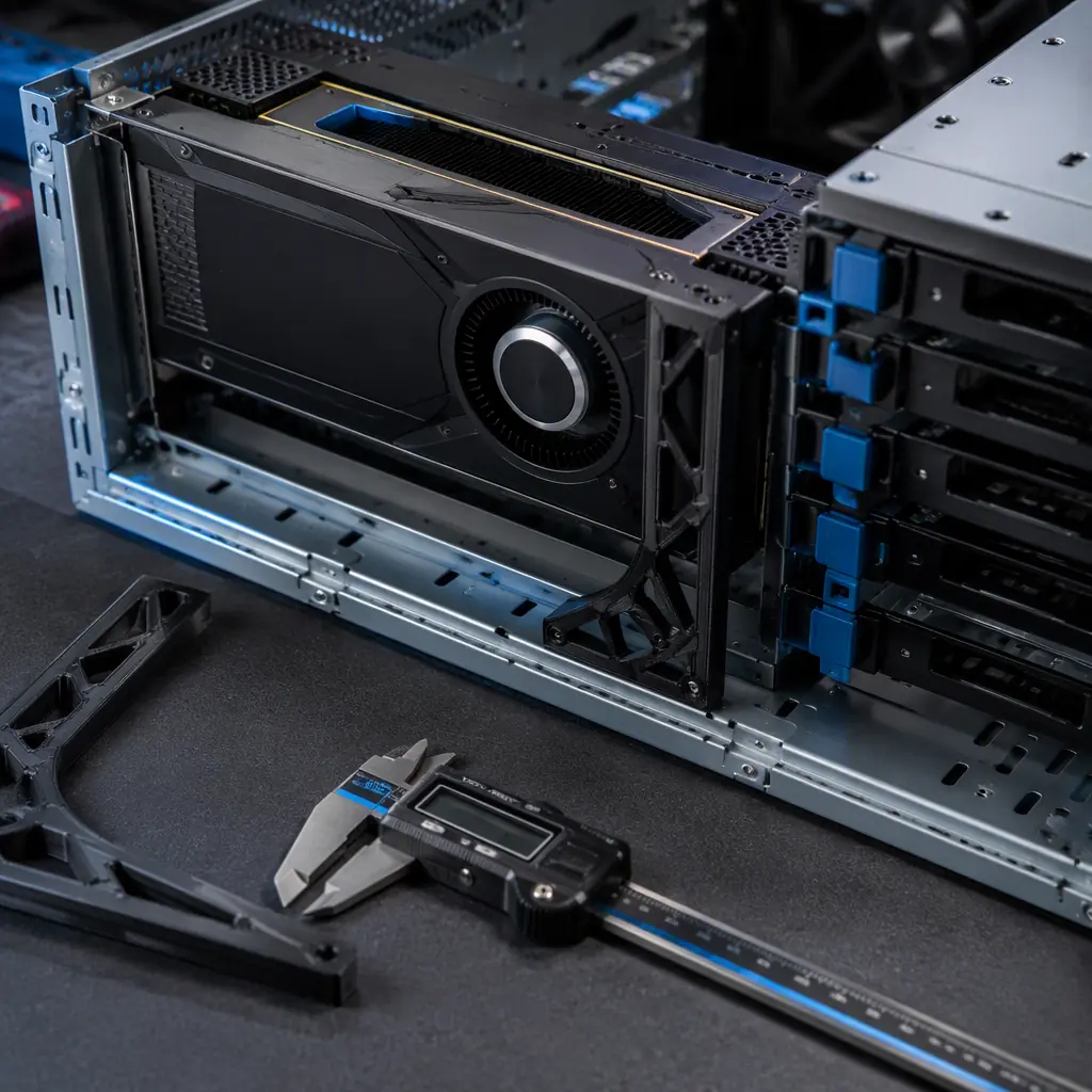 3D printed PA12-CF GPU mounting bracket holding a graphics card in a server chassis, drive bays visible, engineering workspace with calipers
