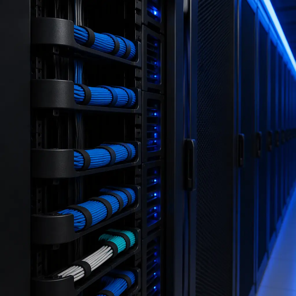 Rack of 3D printed cable management D-rings and fiber routing troughs on server racks, neatly organized cabling, blue LED data center aisle lighting