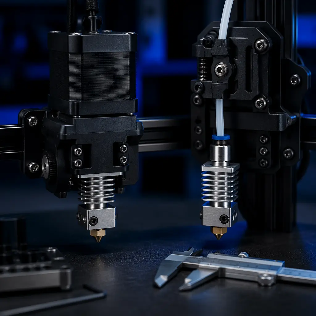 Close-up comparison: direct drive extruder assembly on print head vs Bowden tube routing from frame-mounted motor