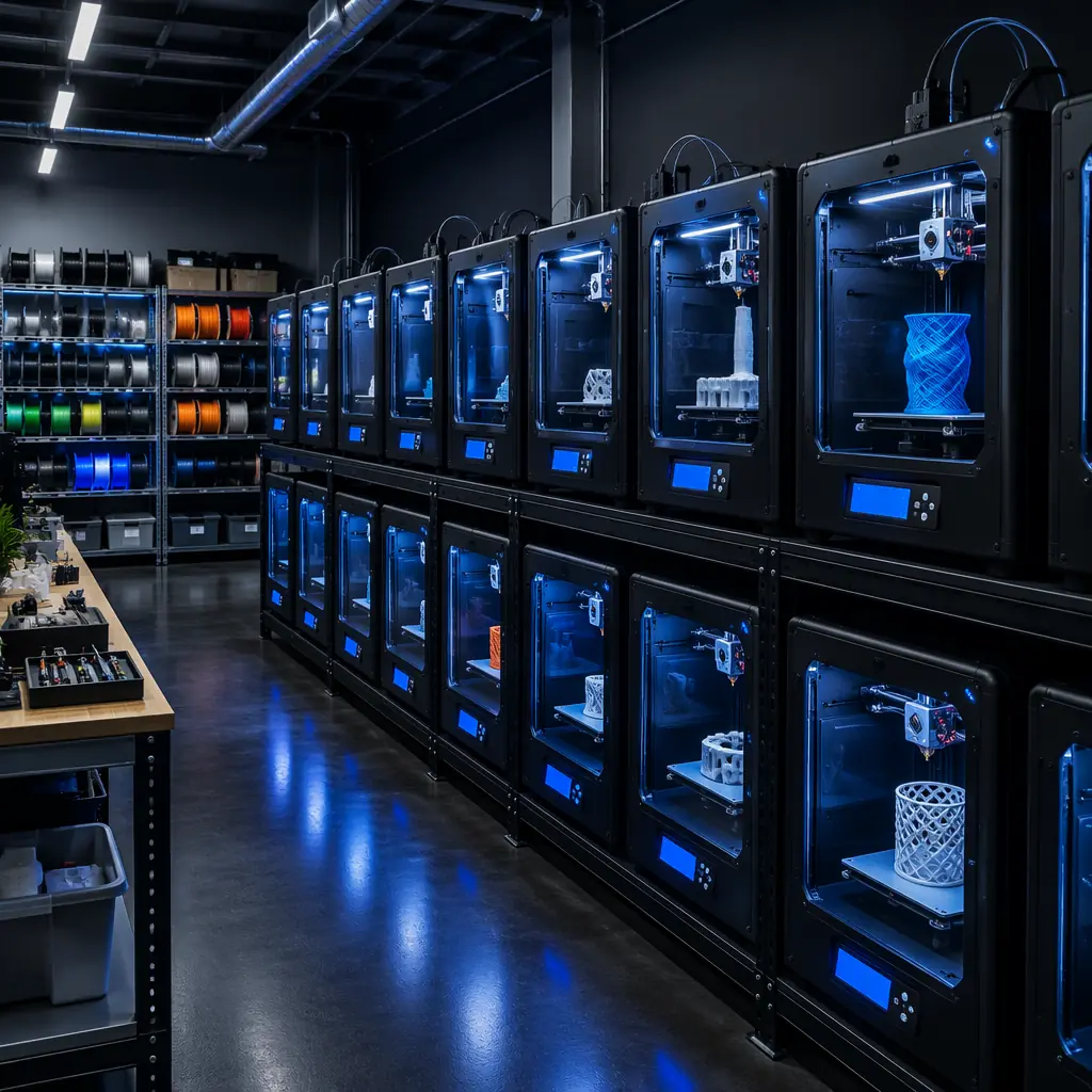 Print farm production environment: rows of enclosed direct drive 3D printers operating in professional facility