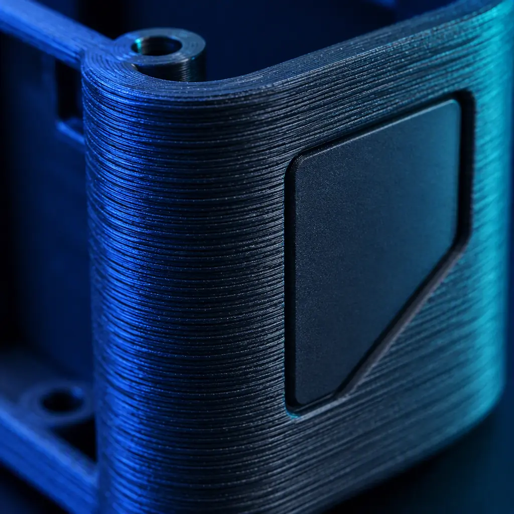 Macro photograph of a 3D printed enclosure wall showing visible layer line ridges running along a curved surface with a printed logo area partially visible beside them