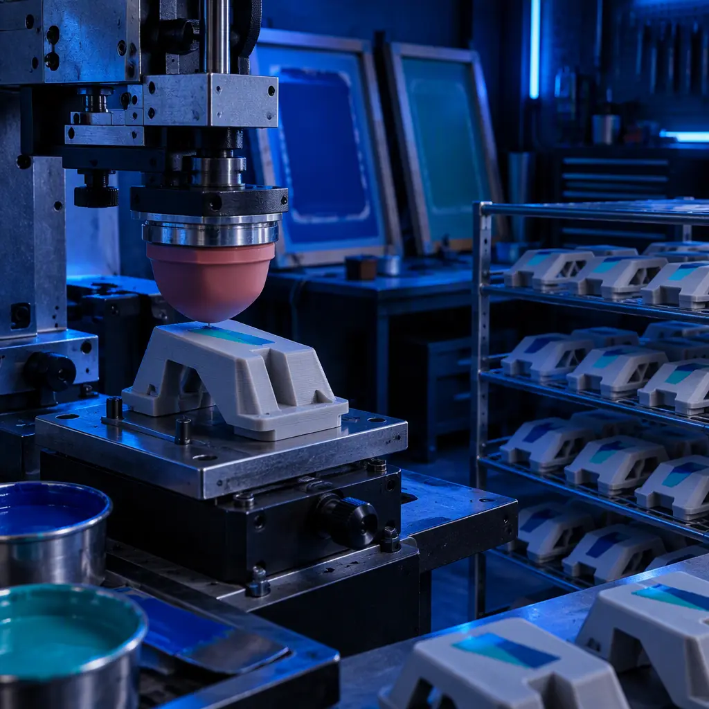 Photograph of a 3D printed part being decorated with a silicone pad printer beside screen printing frames and a rack of freshly printed test panels in a workshop