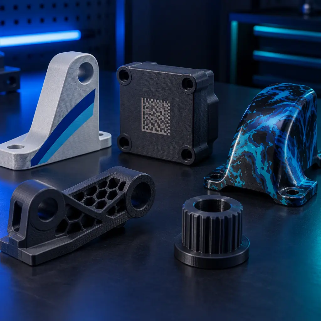Photograph of an array of 3D printed parts on a dark bench showing different decoration outcomes including a pad printed logo, a laser marked data code panel and a hydrographic dipped wrap