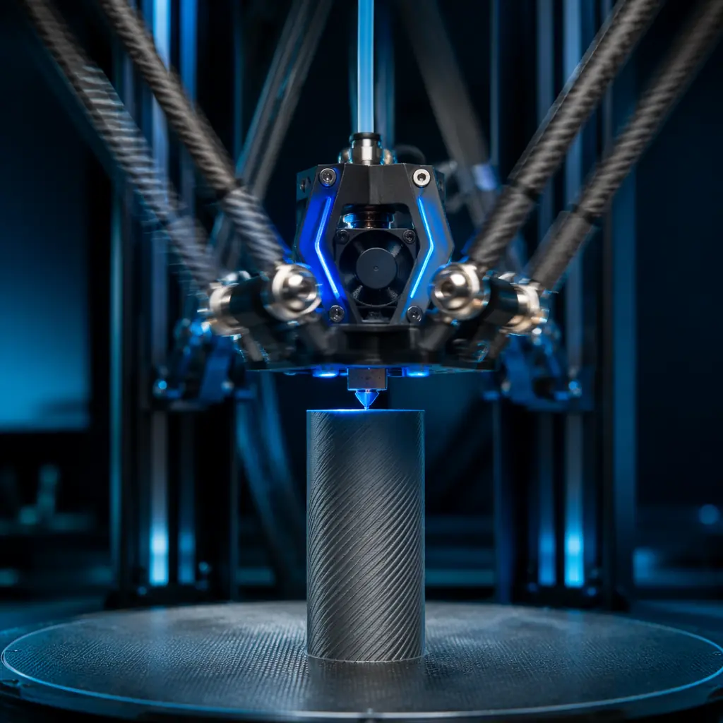 Delta 3D printer in operation, effector platform moving rapidly above a tall cylindrical print, three carbon fiber arms visible, LED-lit build chamber showing the triangular frame, precision engineering photography