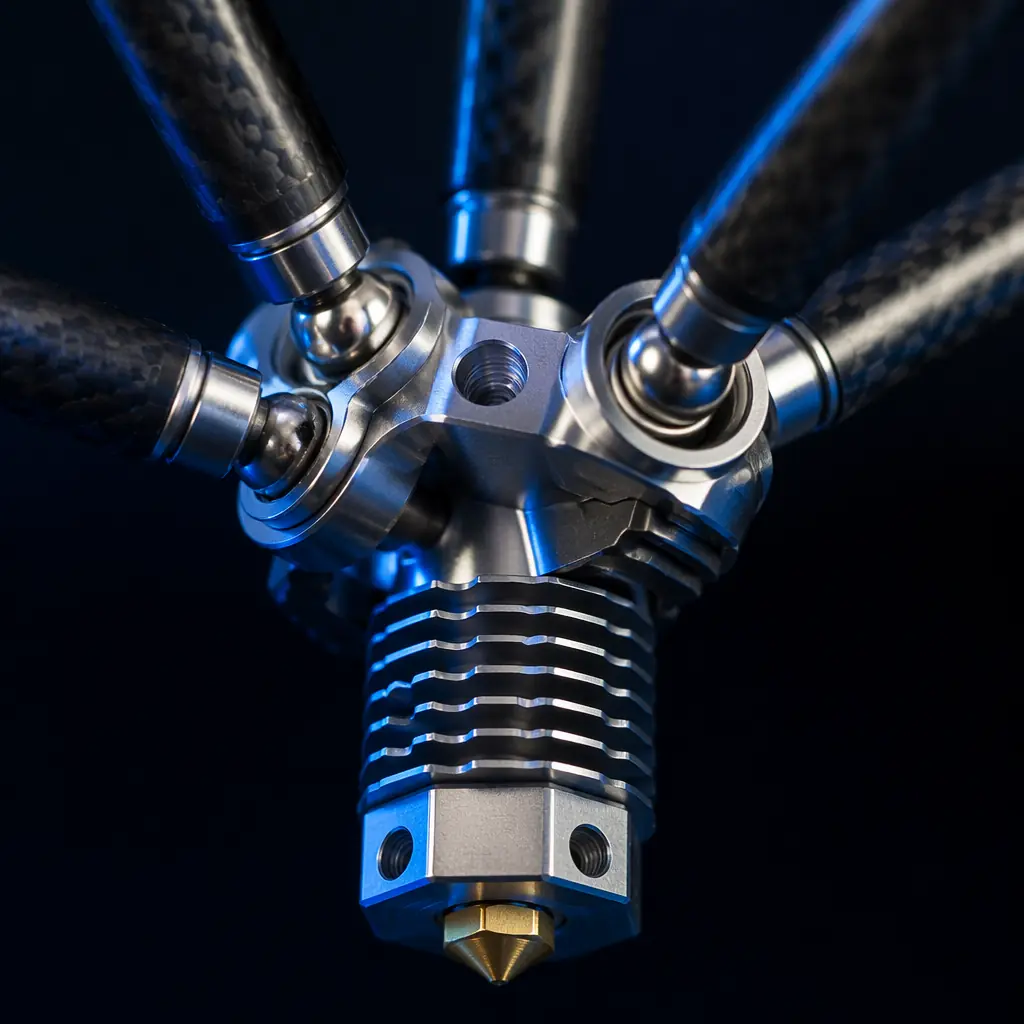 Close-up of delta 3D printer effector with six carbon fiber arms attached to magnetic ball joints, hotend visible at center, precision mechanical engineering close-up showing the low-mass design