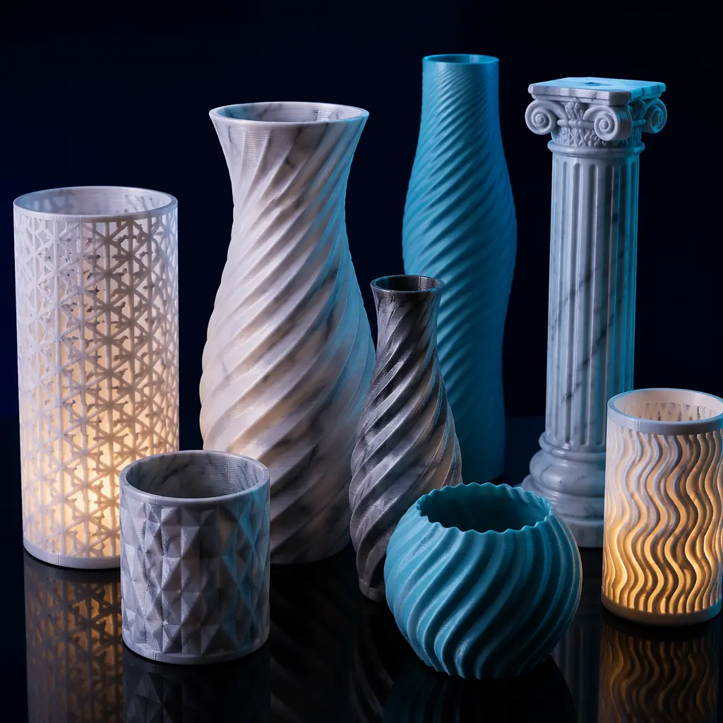 Multiple finished tall cylindrical 3D printed parts on display — vases, lamp shades, and decorative columns arranged in a studio product shot showing the variety of delta-friendly print geometries