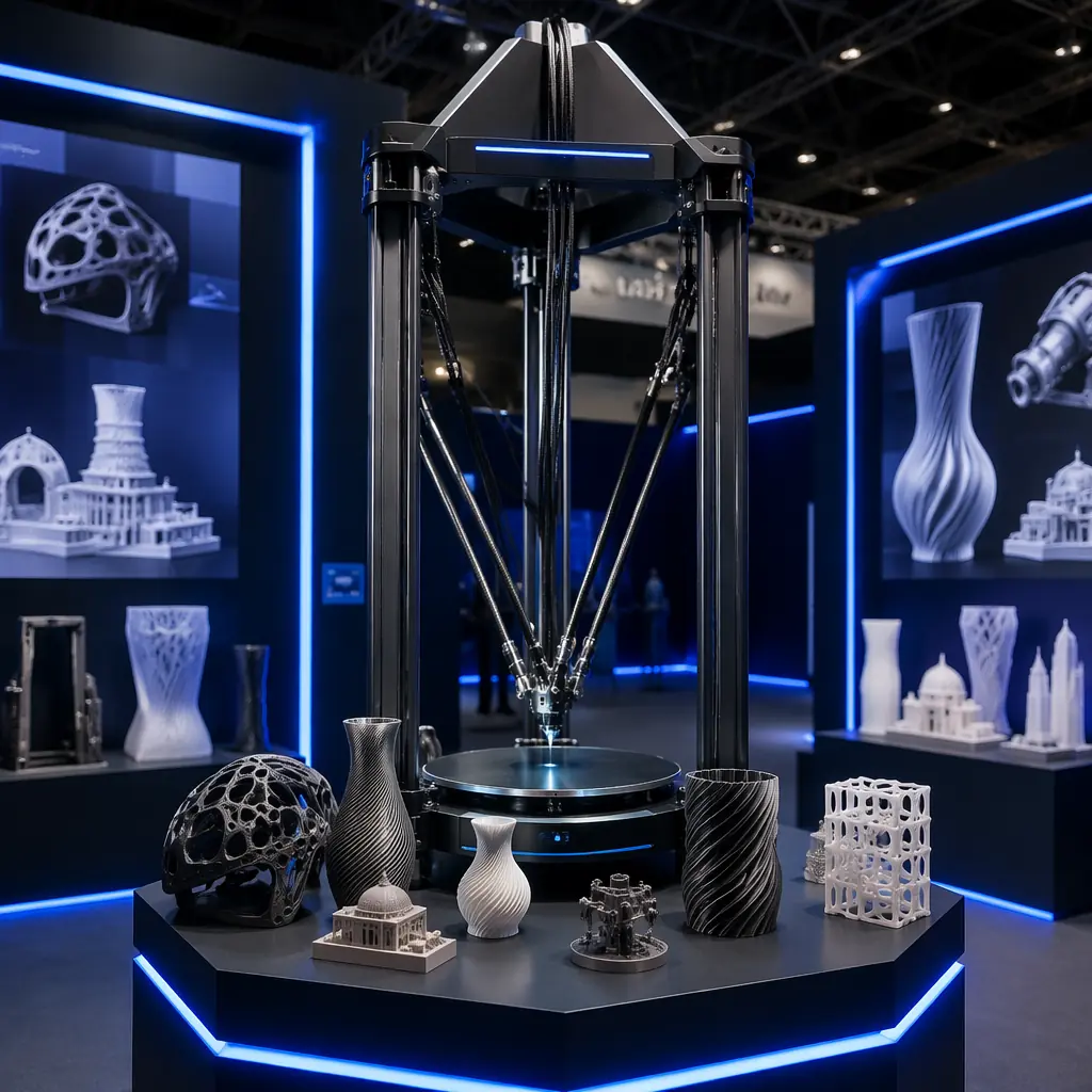 Delta 3D printer on display at a trade show booth, triangular frame and carbon arms prominently visible, finished sample parts including helmets and vases arranged around the base, LED-backlit display panels, professional exhibition photography