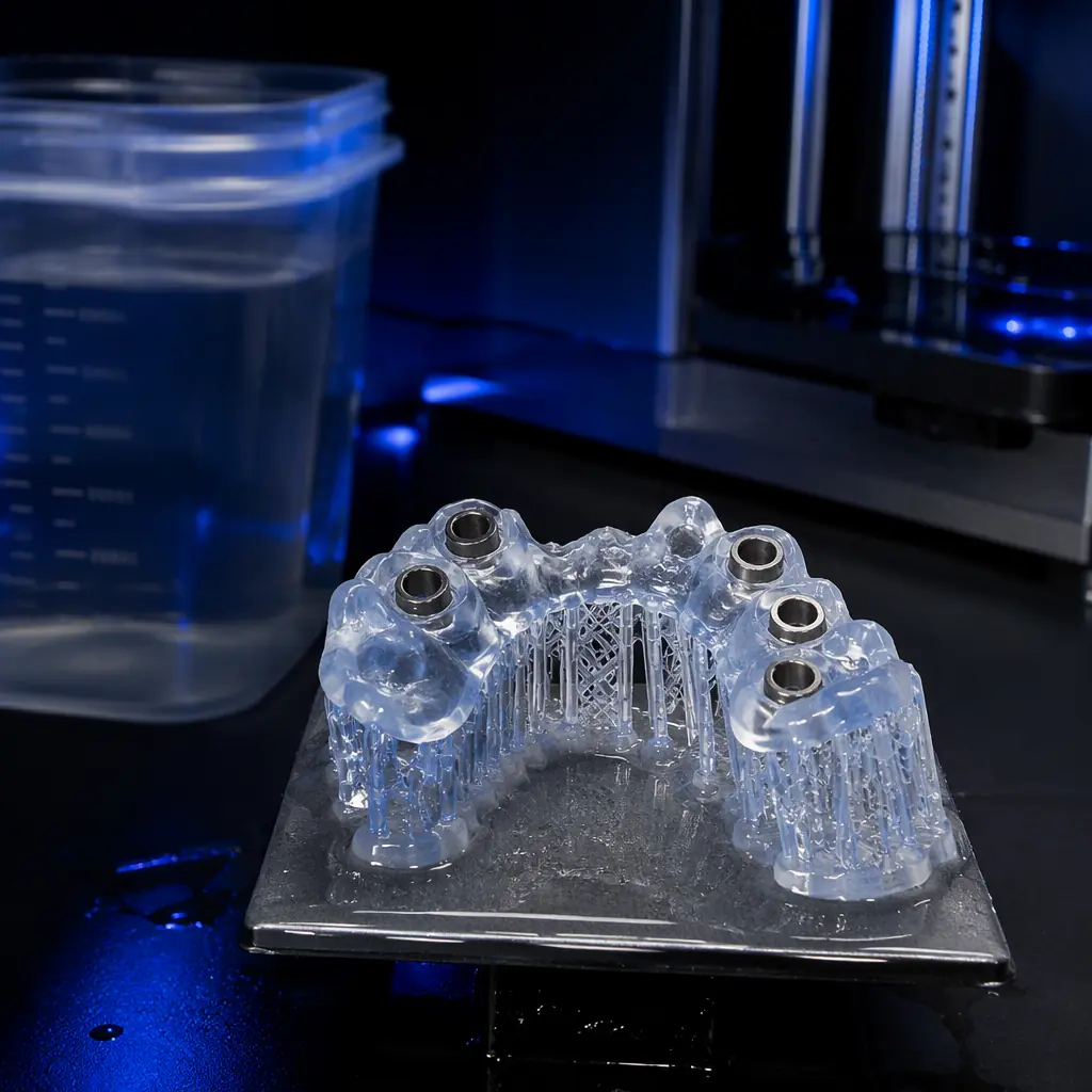 Professional dental laboratory bench with LCD resin 3D printer, tray of printed dental models on build platform, UV curing station in background under bright clinical lighting, deep navy and teal tones