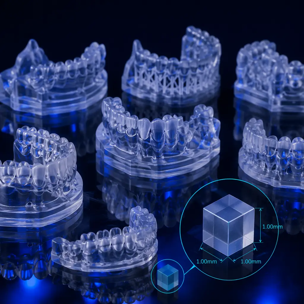 Close-up macro shot of a clear dental surgical guide fresh off a resin printer build plate, support structures still attached, isopropyl alcohol wash container nearby on dark lab bench with blue accent lighting