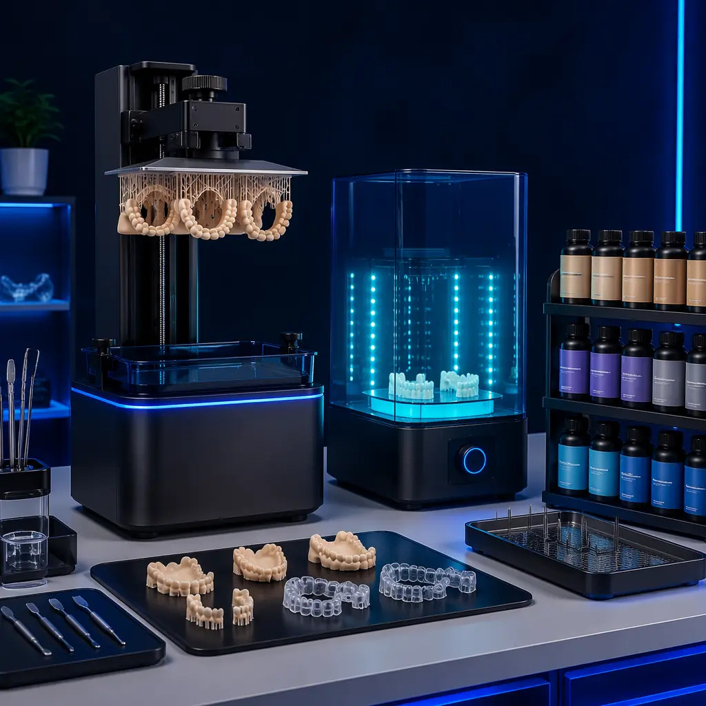 Macro close-up of resin bottle labels showing ISO 10993 certification markings and FDA 510(k) numbers, arranged on a dark laboratory shelf with blue LED accent, 3D printer visible out of focus in background