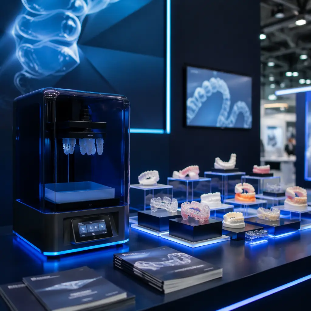 Complete dental 3D printing workflow station on clean laboratory bench: LCD resin printer with build plate raised showing finished prints, wash-and-cure station with UV LEDs glowing, racks of resin bottles organized by color and certification class