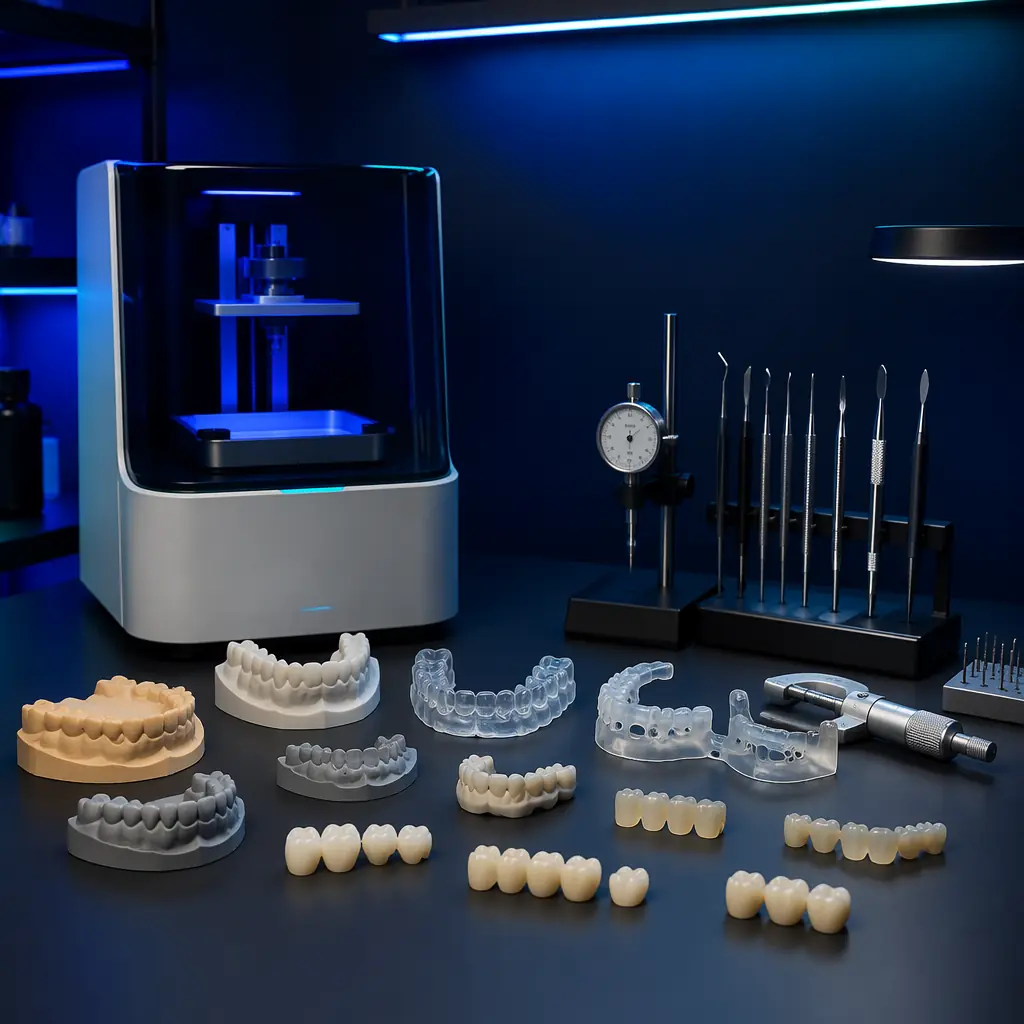 Side-by-side on dark reflective surface: locked resin cartridge with RFID chip next to open-system resin bottle, both on a dental lab counter, highlighting the material freedom proposition with blue accent lighting