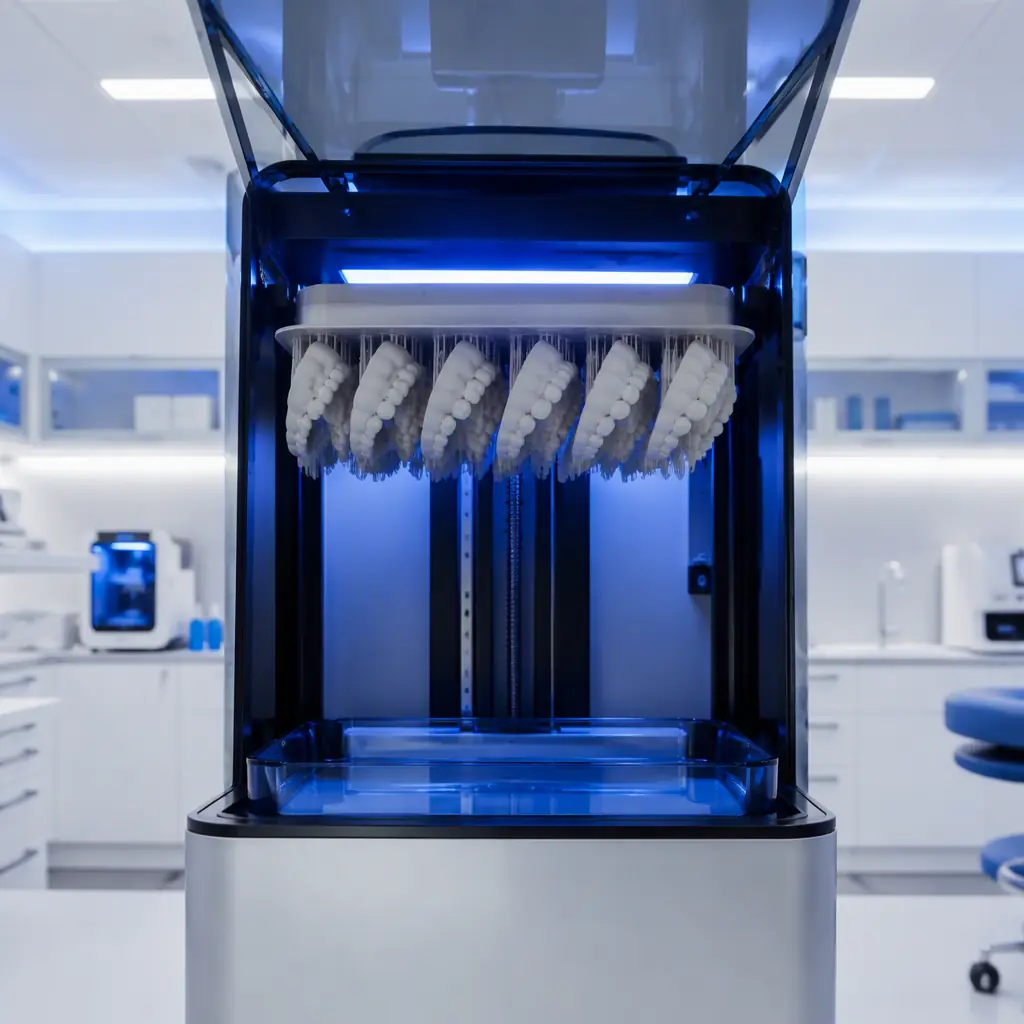 Photorealistic 3D render of a high-resolution resin 3D printer inside a bright dental lab printing a row of hardened dental arch models on a build plate, clean white clinical environment with electric blue accent lighting, no text, no logos, no people
