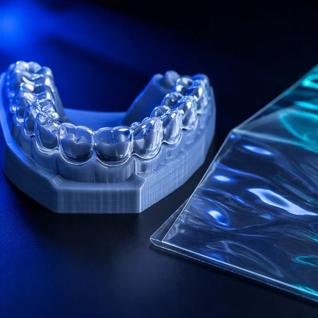 Macro close-up of a clear thermoformed dental aligner on a 3D printed dental arch model, with a sheet of transparent co-polyester material beside it on a clean lab surface, precise surface, deep navy ambient with electric blue accent, no text, no logos, no people