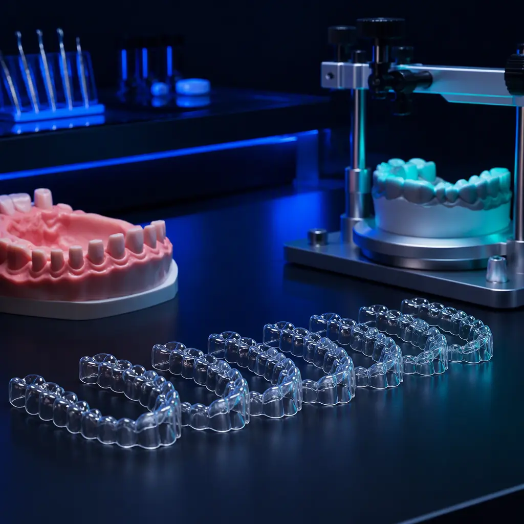 Row of finished clear dental aligners laid out on a clean clinical bench beside a trimmed gingival margin and a dental arch inspection fixture, precise surface, deep navy ambient with electric blue accent, no text, no logos, no people