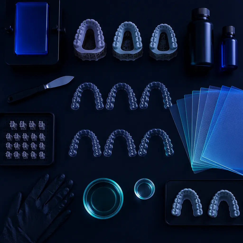 Overhead flat lay of a small dental aligner production set on a dark bench: printed dental arch models, thermoformed clear aligners, resin bottles and sheet stock, uniform and clean, deep navy ambient with electric blue accent, no text, no logos