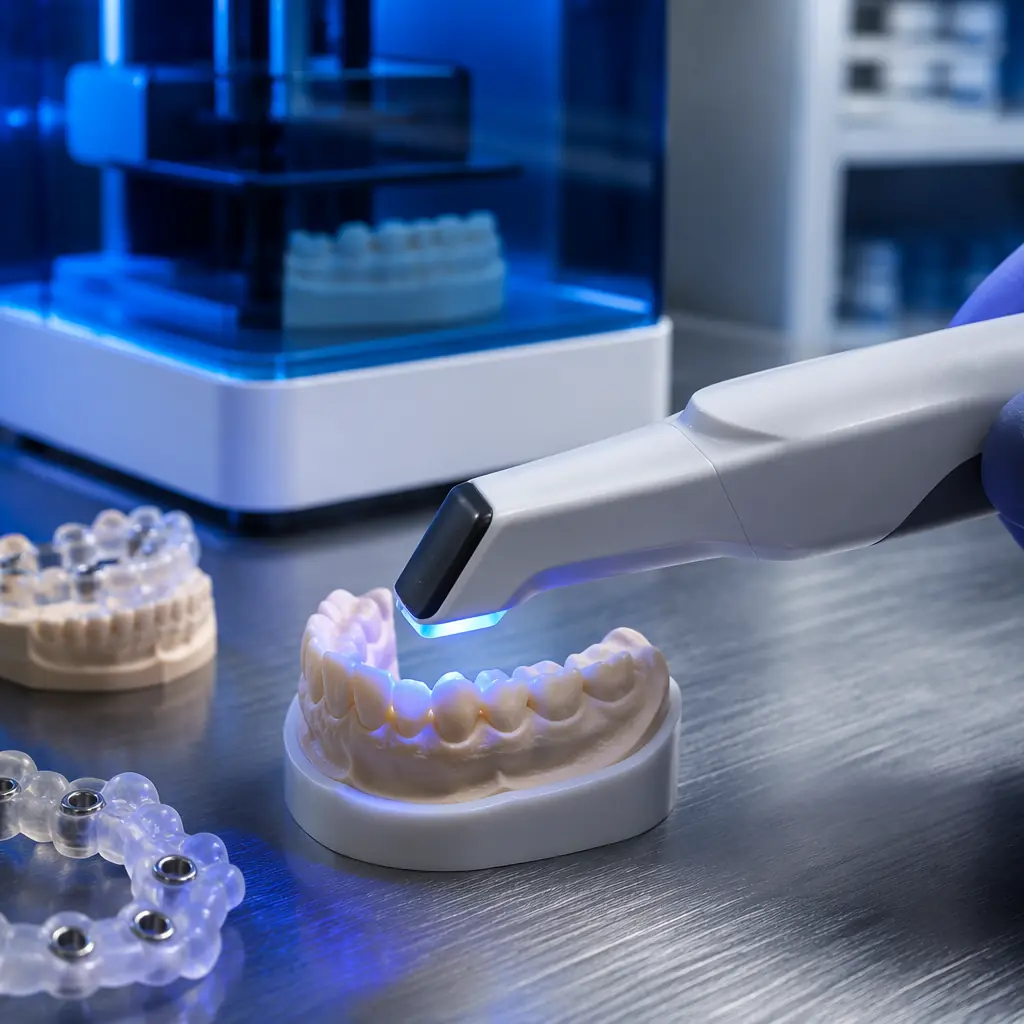 Dental lab digital workflow: intraoral scanner capturing tooth geometry, 3D model on screen, resin printer producing dental model