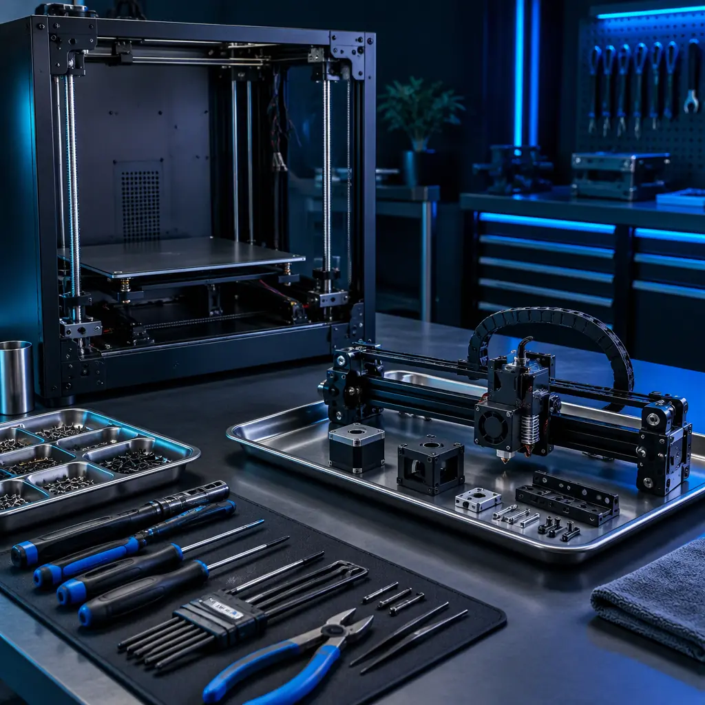 Rows of industrial 3D printers at various stages of teardown on a depot repair bench, parts trays and tools laid out, dark workshop with blue accent lighting