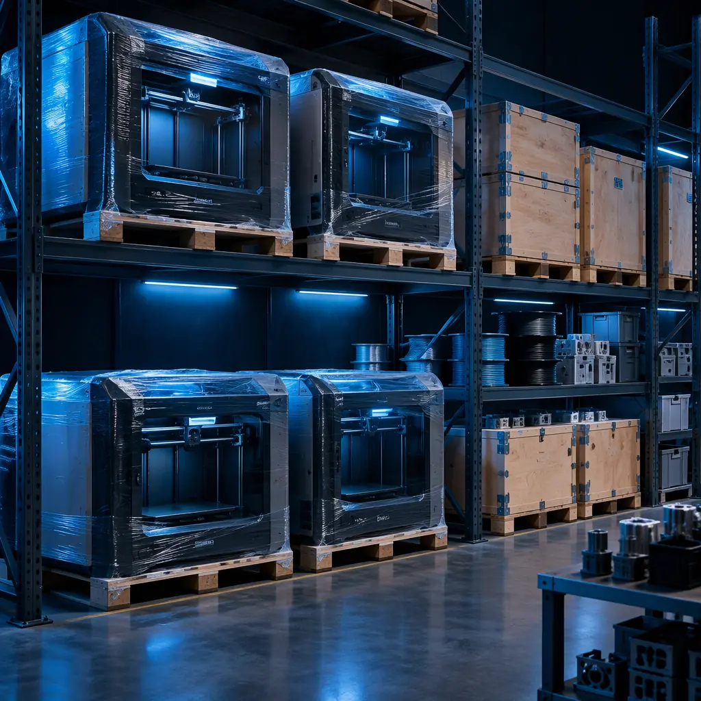 Shelving unit holding refurbished 3D printers ready for redeployment in a depot, labelled crates and spare parts boxes, dark warehouse with blue accent lighting
