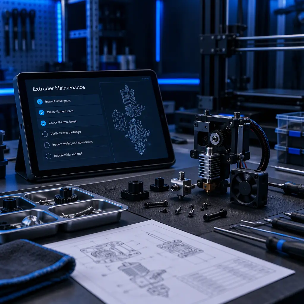 A tablet showing a maintenance checklist on a depot repair bench beside a partially disassembled 3D printer extruder assembly