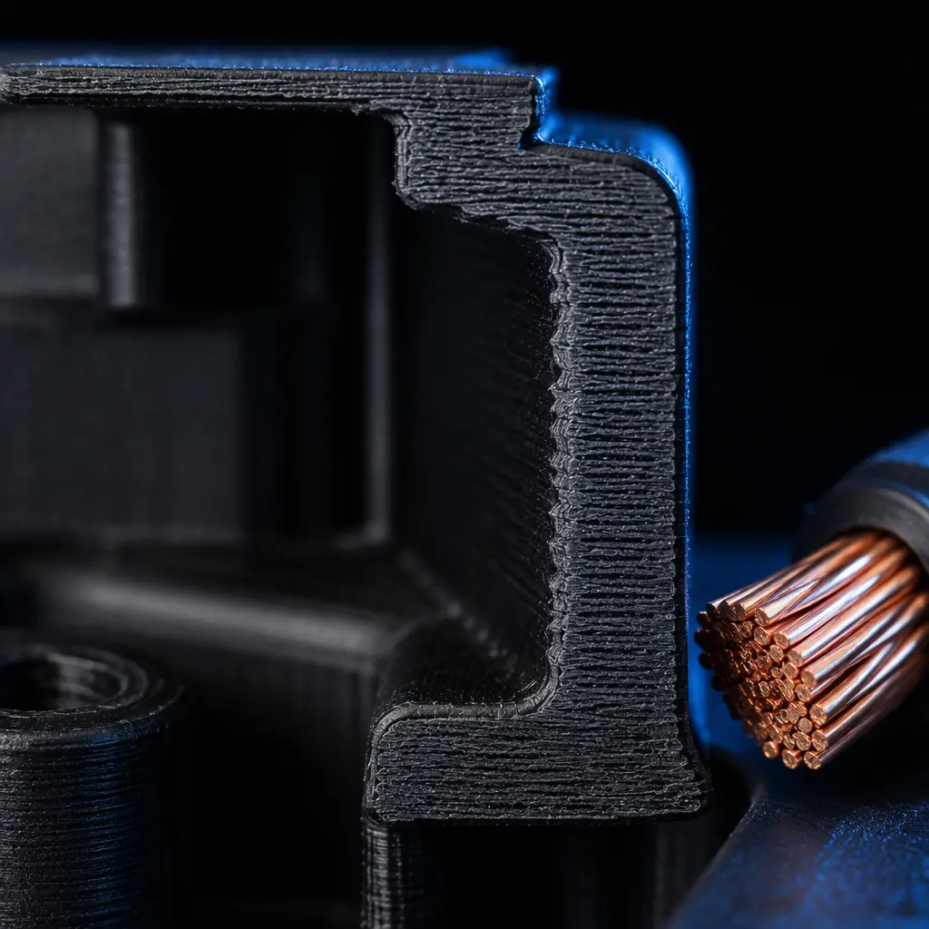 A black 3D printed electrical enclosure cover on a dark bench with a copper busbar visible beneath it, high voltage warning label, blue accent lighting