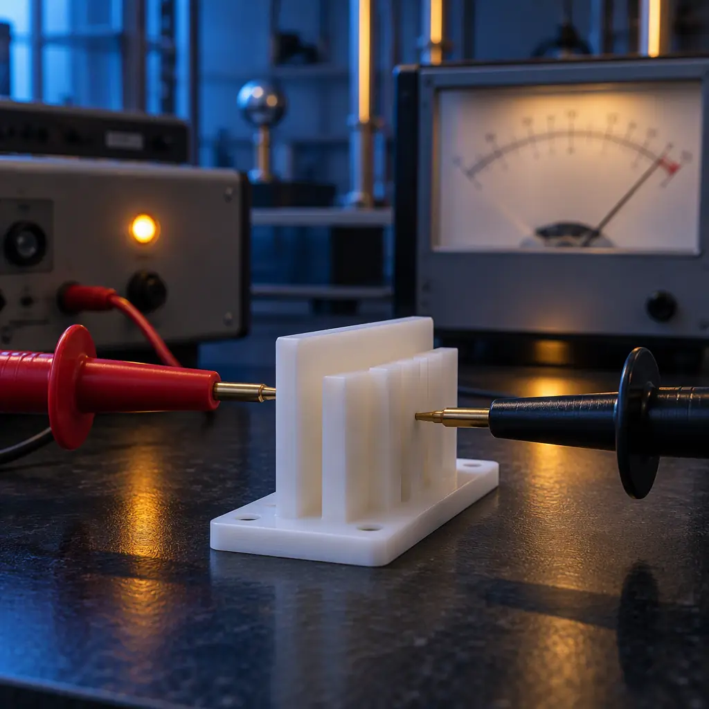 A hipot dielectric strength test set connected by probes to a printed plastic insulating barrier on a dark lab bench, a high voltage meter reading visible in the background