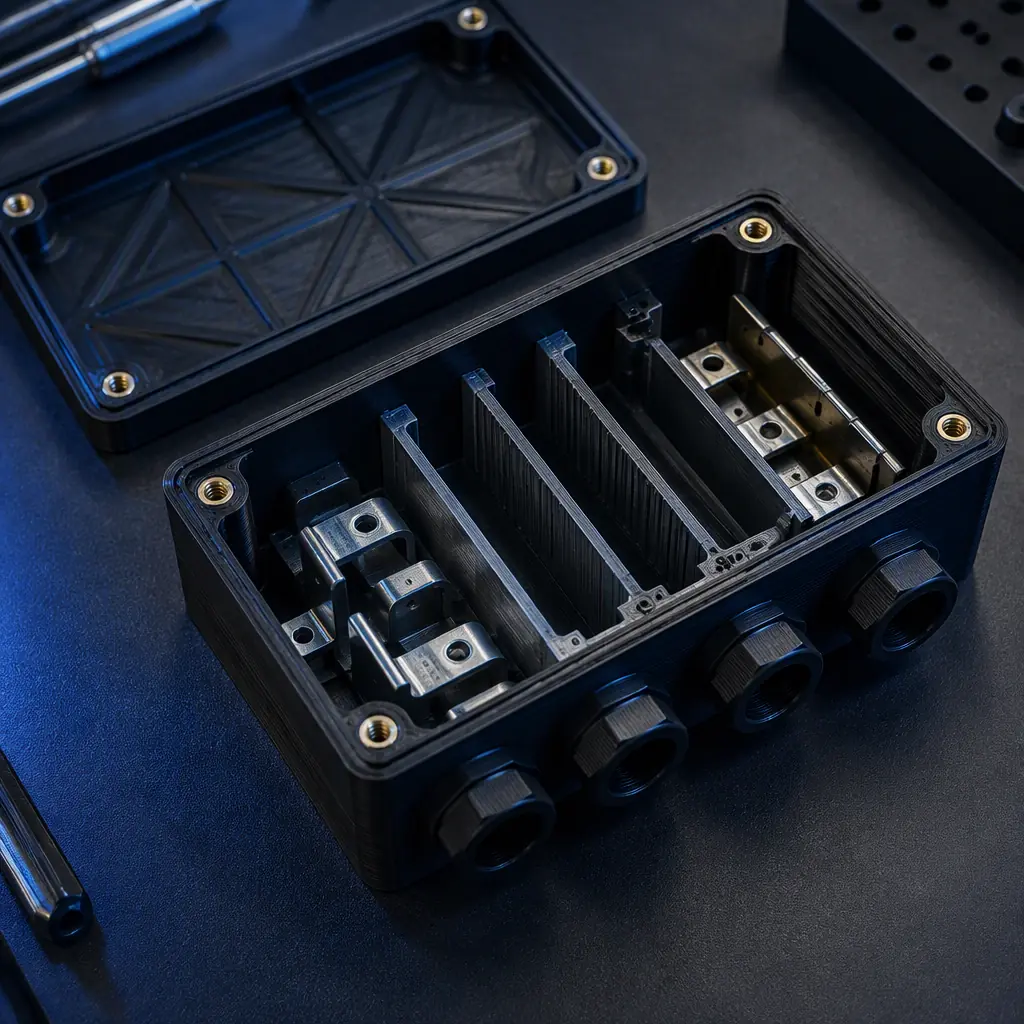 A black 3D printed electrical enclosure opened to reveal internal ribbed insulating barriers and separated conductive channels inside on a dark bench