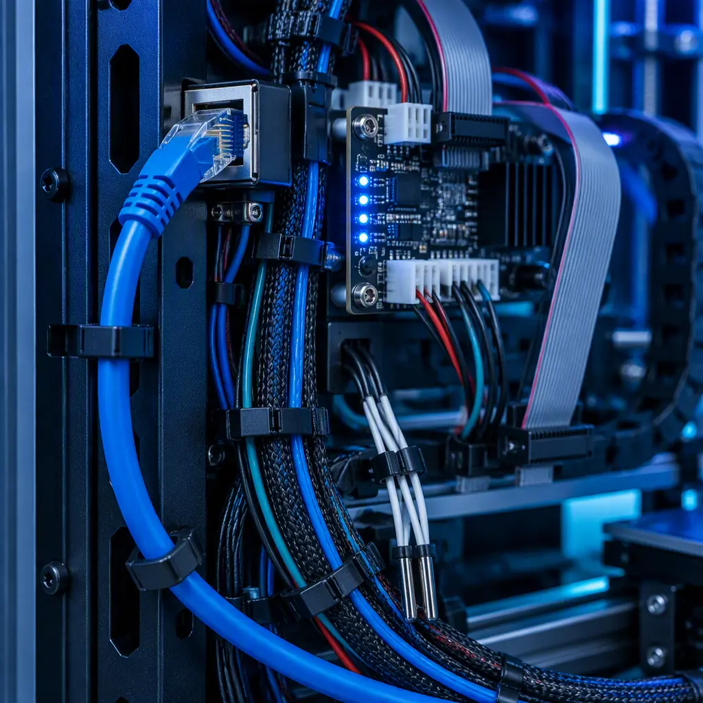 Macro photograph of the Ethernet and sensor wiring loom inside the electronics bay of an industrial 3D printer with RJ45 connector, ribbon cables and a controller board with blue indicator LEDs