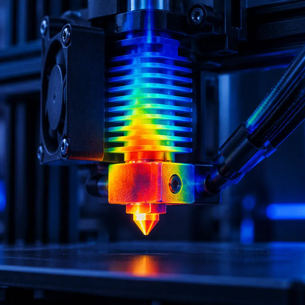 Thermal imaging view over a 3D printer hotend assembly showing heat gradient across the heater block and nozzle with infrared colour mapping over the real hardware