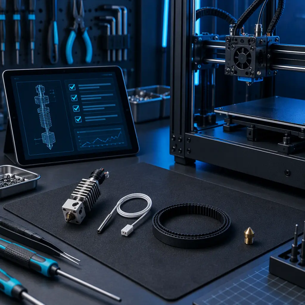Photograph of a maintenance workbench beside a partially open 3D printer with a replacement hotend, thermistor, belt and nozzle laid out in order on a dark anti-static mat