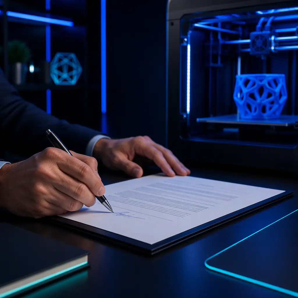 Close-up of a distributor signing a partnership agreement at a clean desk with a 3D printer in the background, contract negotiation theme