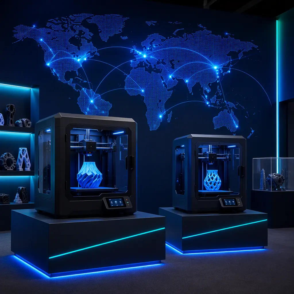 Two 3D printers side by side on a trade show display stand with export packaging nearby, global distribution theme