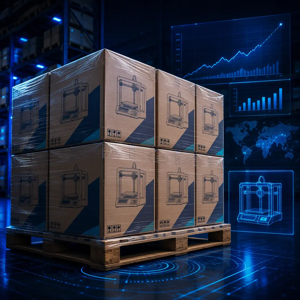 Rows of packaged 3D printers in boxes stacked on a warehouse pallet ready for export, inventory and forecast theme
