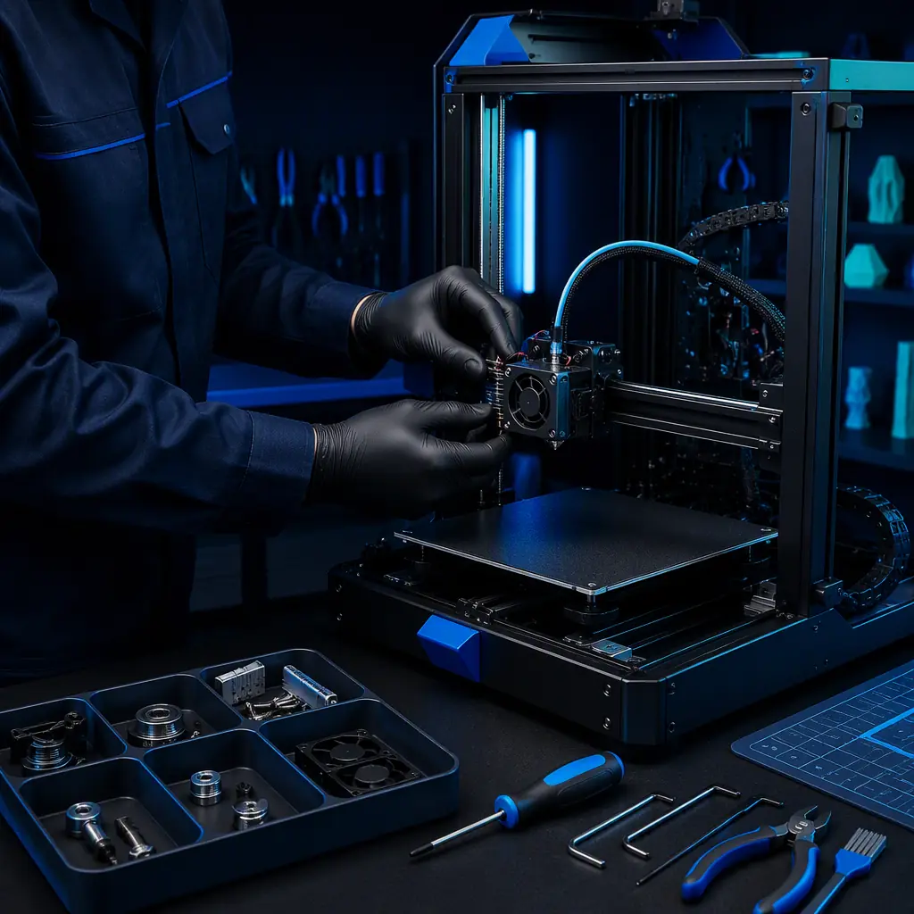 Technician in a clean workshop inspecting an open 3D printer for warranty service, spare parts tray on the bench