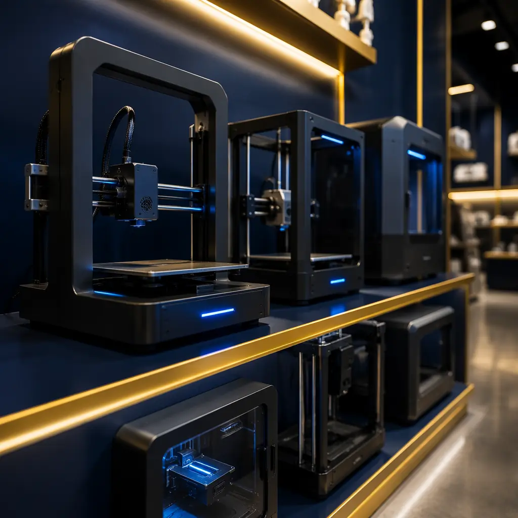 3D printers displayed on illuminated retail shelf in modern showroom, different printer models representing tiered product lineup for distributors