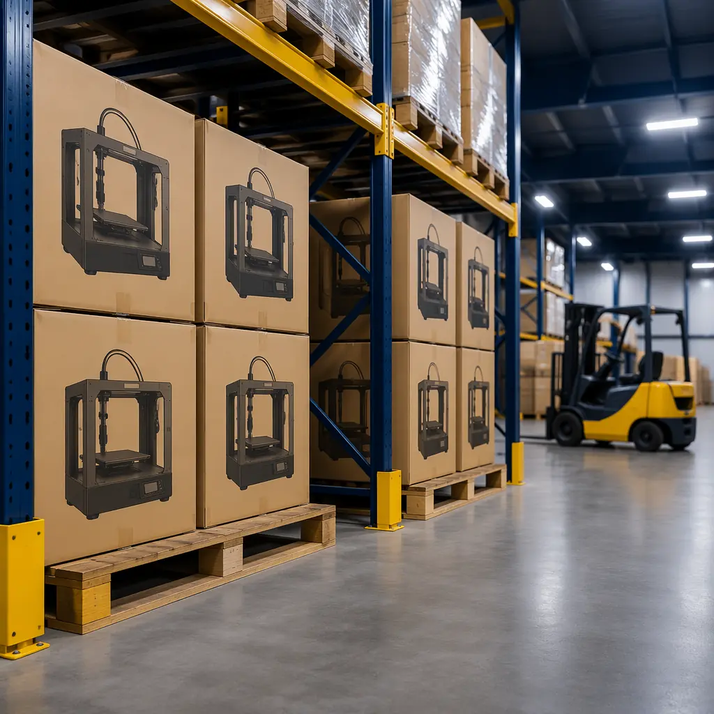 Warehouse rack with 3D printer boxes stacked on pallets, shipping labels visible, industrial lighting showing distribution inventory ready for dispatch